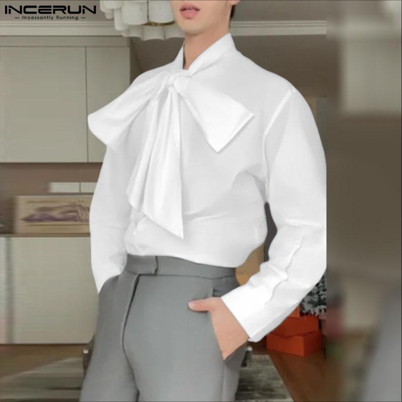 INCERUN Oversized Men Bow Knot Neck Long Sleeve Casual Loose Elegant Shirts
