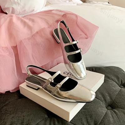 Fashion Women Flats Silver Mary Jane Sandals Female Summer New Leather Mary Jane Strap Fashion Square Toe Shallow Elegant Flats Pumps