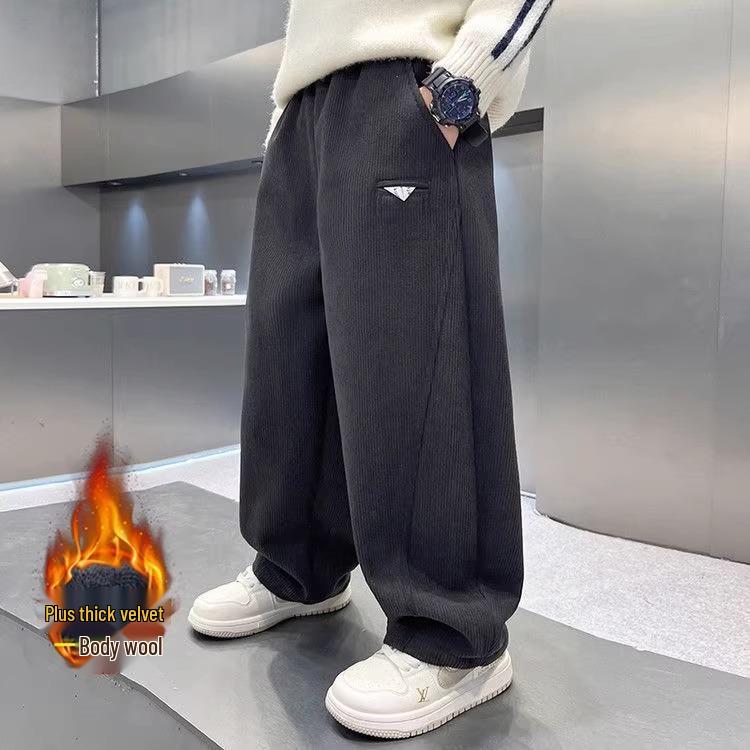 Winter 2026 Boys' Fleece-Lined Wide-Leg Sweatpants for Middle & Big Kids - Straight Leg Sports Pants Great for Autumn & Winter