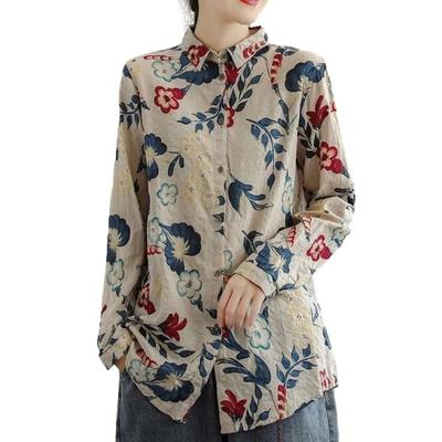 J-Scott Women's Botanical Print Shirt Blouse, Button-Front, Long Sleeves, Loose Fit, Casual, Linen-Touch, White, JS127-WH-XL