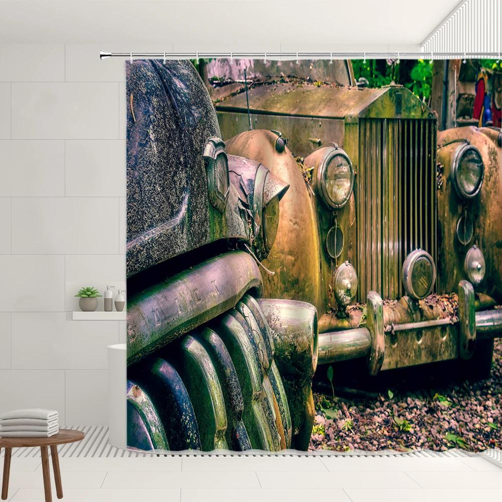 Green Plants Planted In The Hood Shower Curtain Set Scrapped Rusty Vintage Car Forest Tree Leaves Bathroom Bathtub Decor Screens