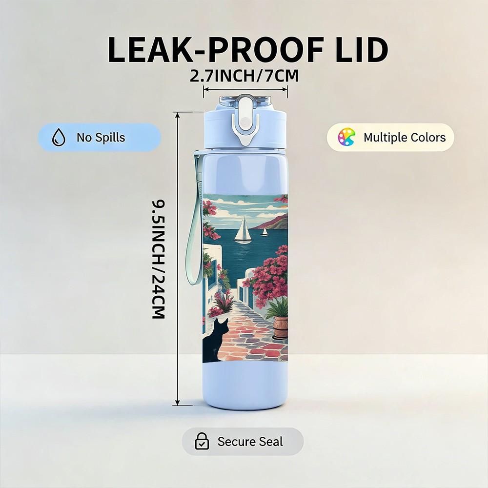 1PC Vintage Window Curtain Pattern 750ml Color Plastic Sports Water Bottle Leakproof Flip Straw Lid Suitable for Sports Office Home Use