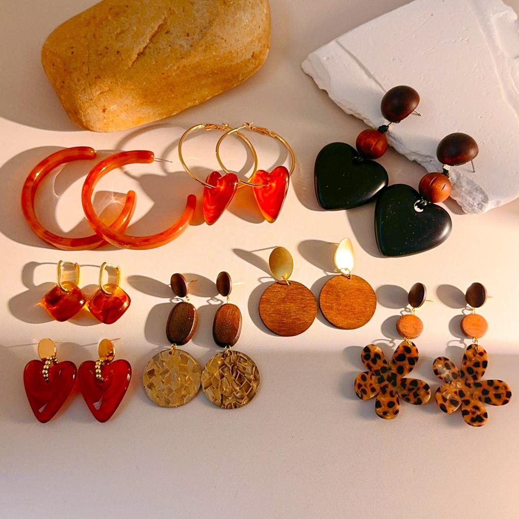 8 Style Coffee Leopard Print Resin Earrings for Women Large Flower Petal Heart Pendant Earrings Female Party Wedding Ear Jewelry