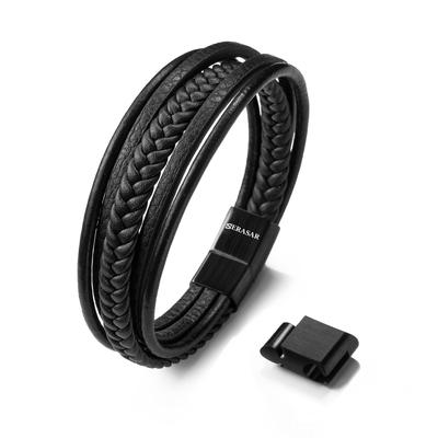 23cm Black Bracelet Men Cowhide Braided Wrap Rope Man Mans Male Boy Boys Mens Bracelets Band Jewelry Magnet Accessories Gift-Box Genuine-Leather