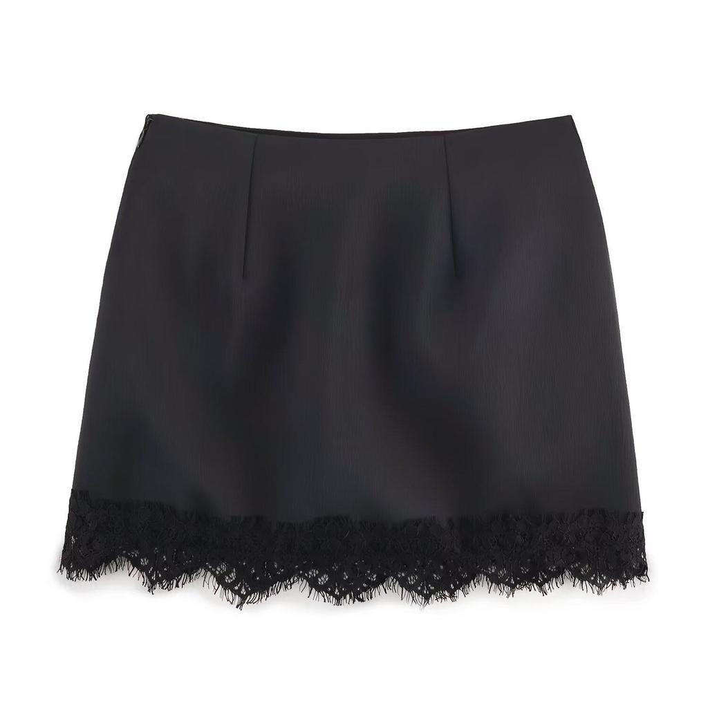 Women's Retro High-Waisted Lace Trim Midi Bodycon Skirt