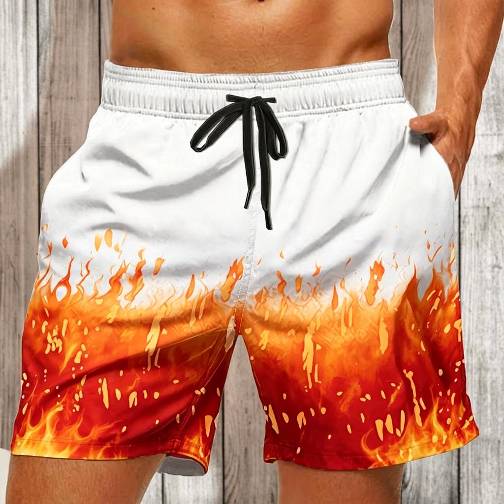 Men's White Green Ombre Fern Print Drawstring Shorts, Casual Loose Swim Trunks For Spring Summer Beach Wear