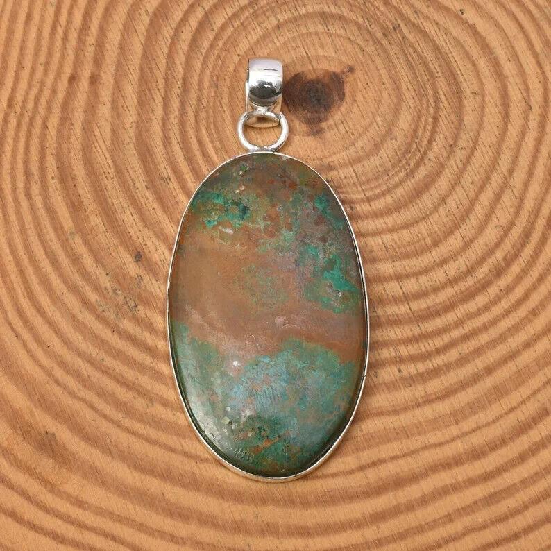 Chrysocolla Pendant With Silver Chain Necklace 925 Sterling Silver Pendant
