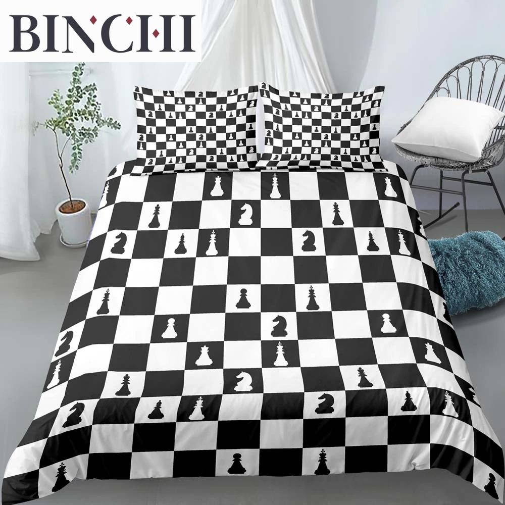 International Chess King Queen Duvet Cover Chess Board Bedding Set Black White Grid Quilt Cover Plaid Polyester