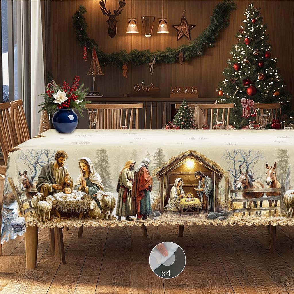 1 Piece Of Christmas-Themed Gold-Printed Tablecloth, Vintage Country Farmhouse Style, Nativity Scene Pattern Design, Suitable For Christmas, New Year'