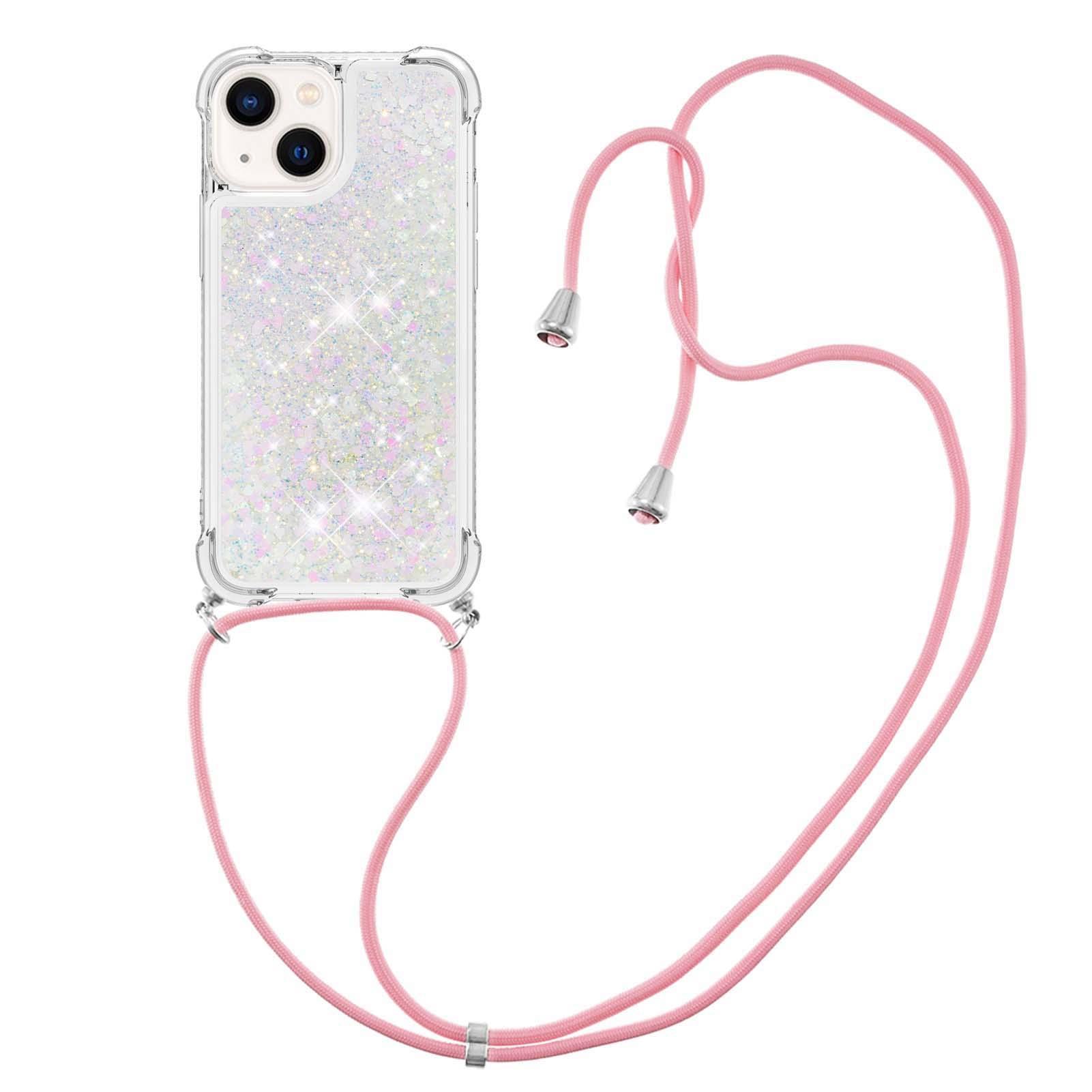 

For iPhone 14 TPU Case Quicksand Design Phone Cover with Lanyard Laser/Hearts