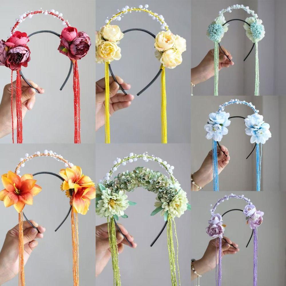 Perlenquasten-Haarreif Feder Hanfu Haaraccessoires Liebliches Blumen-Stirnband Mädchen