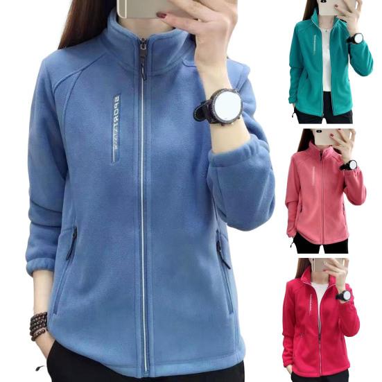 Women Coat Stand Collar Zip-up Polar Fleece Sport Style Long Sleeves Zipperes Pockets Solid Color Thick Plush Jacket