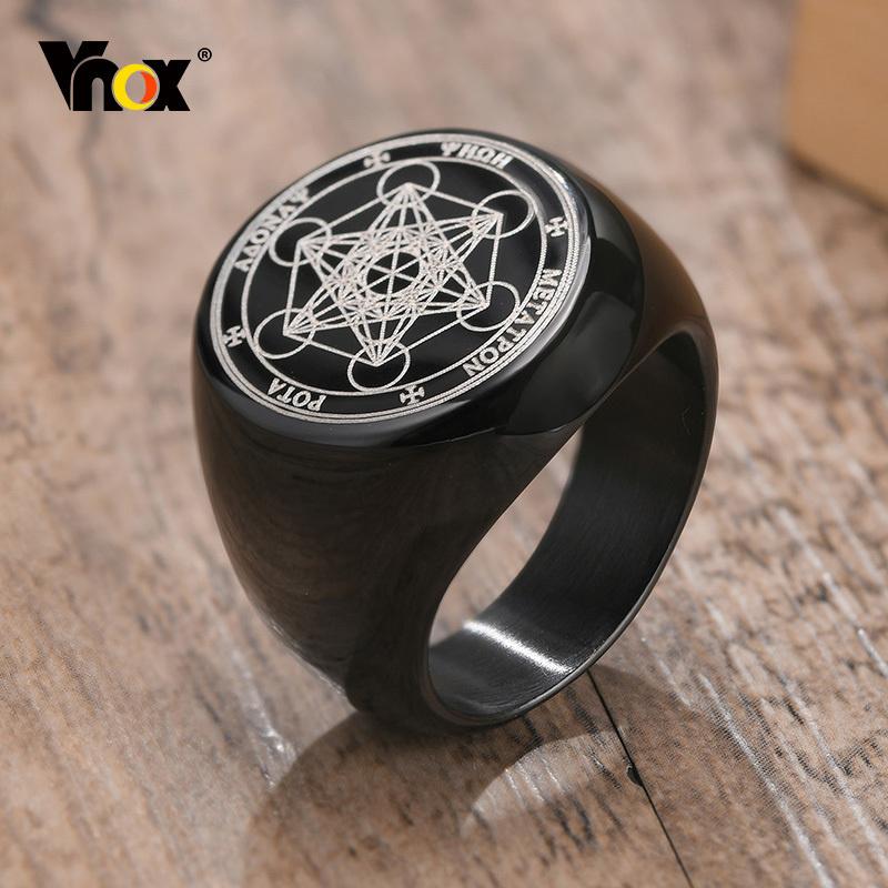Vnox Sieben Siegel der Engel Ringe für Männer, Runde Stempel-Fingerringe, Metatron-Würfel Stempelring, Klobiger Punk Schmuck