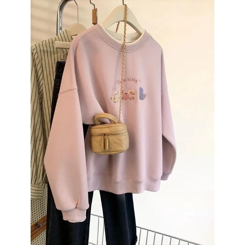 Women s Light Purple Crew Neck Sweatshirt Cute Animal Embroidery Oversized Casual Pullover L