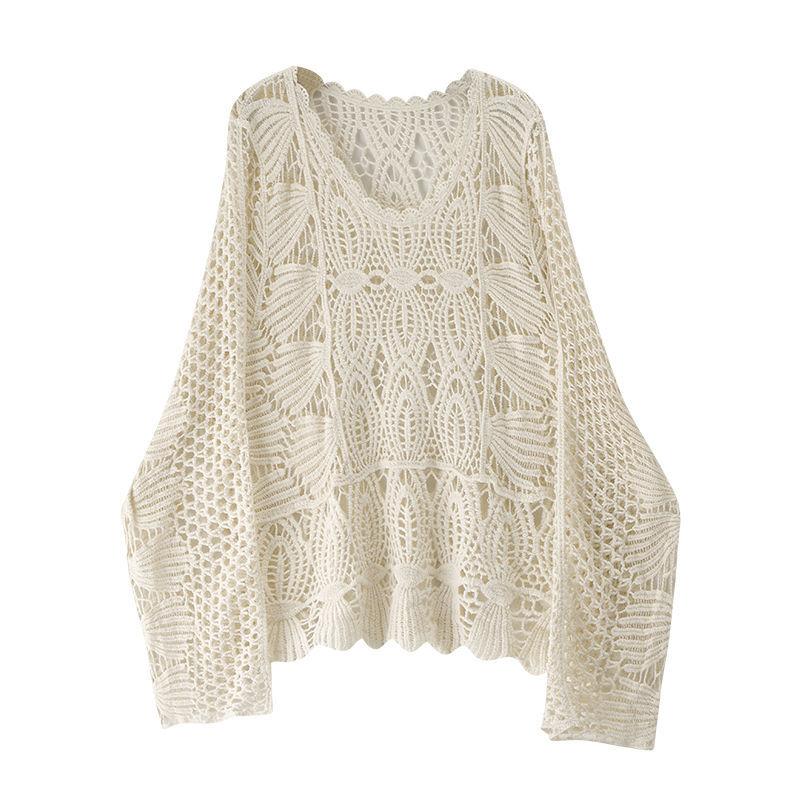 Hohlstrickbluse für Damen, Sommer, locker, dünn, Sonnenschutz, Klimaanlage, Hemd, einfarbig, schick, Spitze, kurzes Oberteil