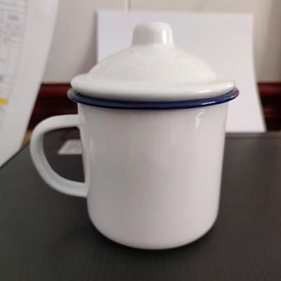OLOEY Thickened White Enamel Mug with Lid