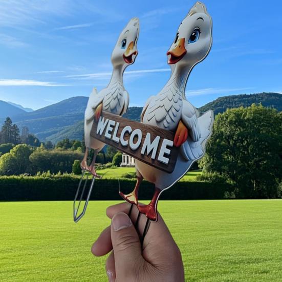 Cute Ducks Garden Stake, 2D Acrylic Rooster Decoration, Farmhouse Yard Art Stake, Outdoor Duck Welcome Sign for Lawn Flower Bed