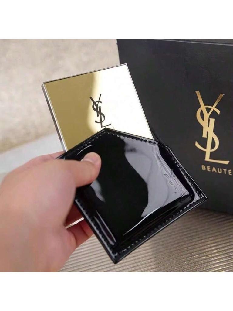 YSL tragbarer goldener einseitiger Schminkspiegel, mit schwarzem glänzendem Lederetui, Geschenk für Mädchen und Frauen.