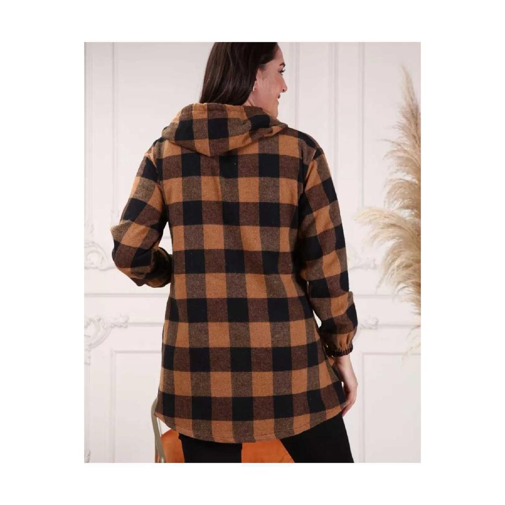 Large Size Cotton Lycra Hooded Shirt With Elastic Sleeves Buttons And Pockets Loose Cut Long Plaid Lumberjack Shirt