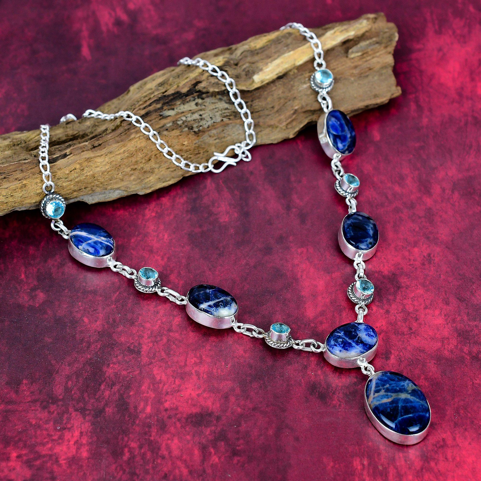 

Sodalite & Blue Topaz Necklace 925 Solid Sterling Silver Adjustable Chain Necklace Gift For Women, Handmade Gemstone Jewelry Necklace