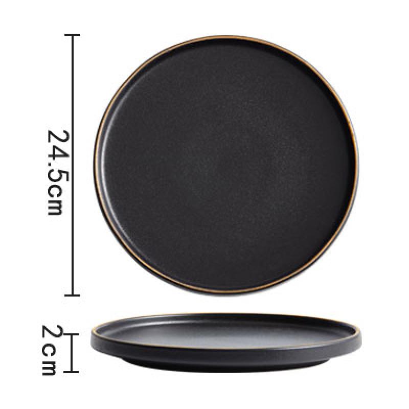 Frosted Black Ceramic Dinner Plate with Gold Border Round Steak Plate Hotel Restaurant Tableware Set Kitchen Utensils Porcelain