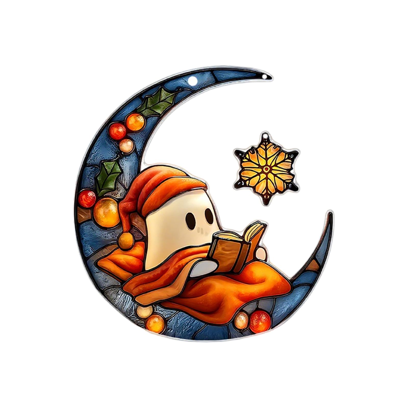 

Маленькое чтение под красочной луной 2D плоский акриловый подвес для украшения атмосферы Хэллоуина и Рождества One Size