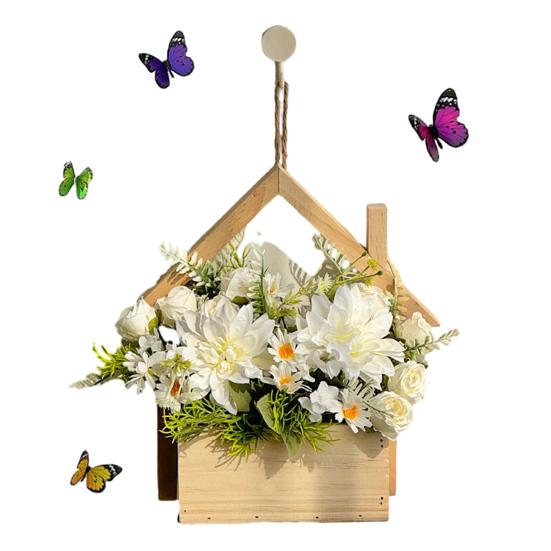 Wood Wall Planter with Artificial Plants, LED Lighted Rustic Farmhouse Wall Decor, Hanging Fake Plants Flowers Holder Vase for Bedroom Living Room