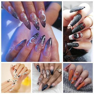 24 adet cadılar bayramı desen yanlış çivi fransız uzun Nail İpuçları çiviler üzerinde basın korkunç sahte tırnak tutkal ile kabak tırnak sanat dekorasyon
