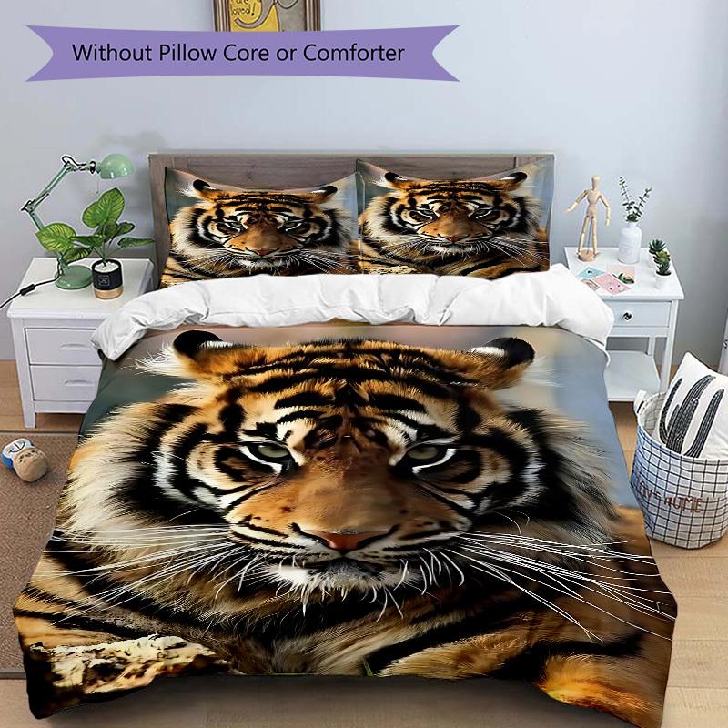 3PCs Tiger Print Design Cover Set, Breathable Fabric, Machine Washable (1 Duvet Cover + 2 Pillowcases) (Without Quilt) yy250911088