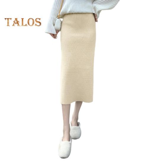 Women Knitting Skirt High Waist Back Slit Design Solid Color Midi Skirt Soft Breathable Thickened Warm Hip Wrapped Skirt