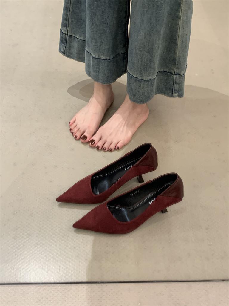 French temperament high heels sense 2025 spring and autumn new versatile thin heel shallow mouth pointed red single shoes women
