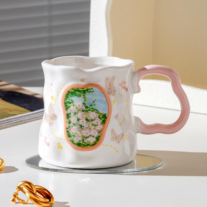 Oil Painting Wind Butterfly Love Flower Mug Coffee Cup Ceramic Water Cup Wind Breakfast Cup Girls Gift Niche