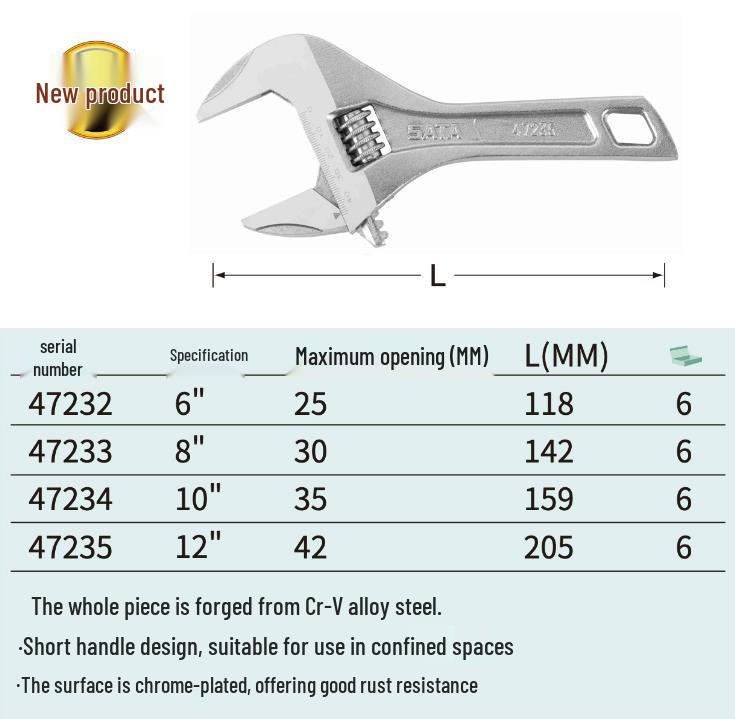 SATA 47232-47235 Adjustable Wrench Set, Large Opening, Short Handle 47232 Short Handle Adjustable Wrench 6-inch