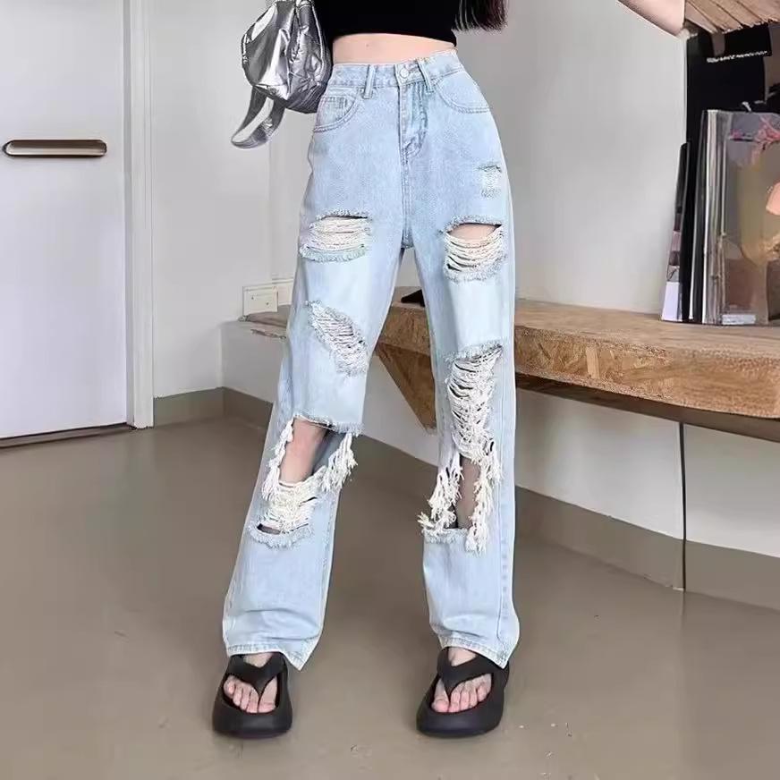 Women's American High Street Style Distressed Ripped Jeans – Straight, Loose Fit for Spring and Autumn