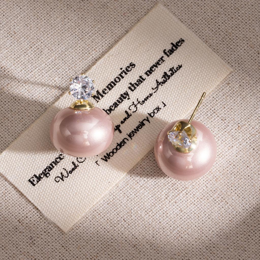 Diamond-Set Light Pink Imitation Pearl Steamed Bread Earrings, Autumn And Winter Light Luxury Celebrity Style Simple Temperament Earrings