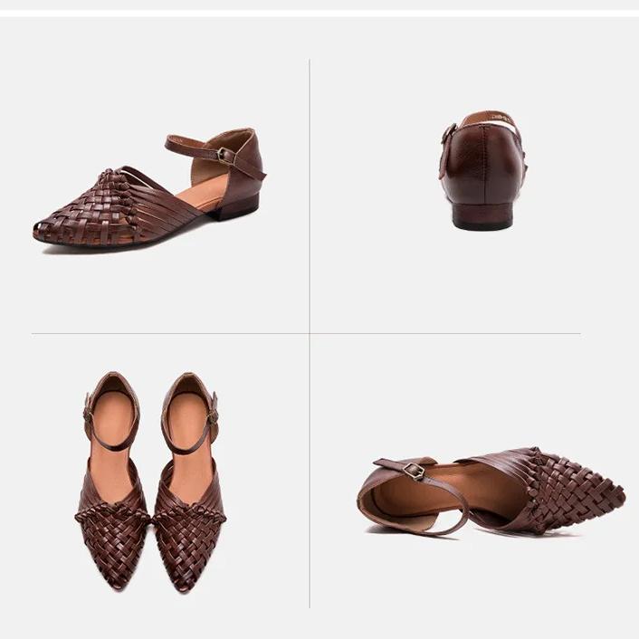 Johnature Retro kézzel szőtt valódi bőr lapos szandálok légáteresztő csattal közlekedő női cipők