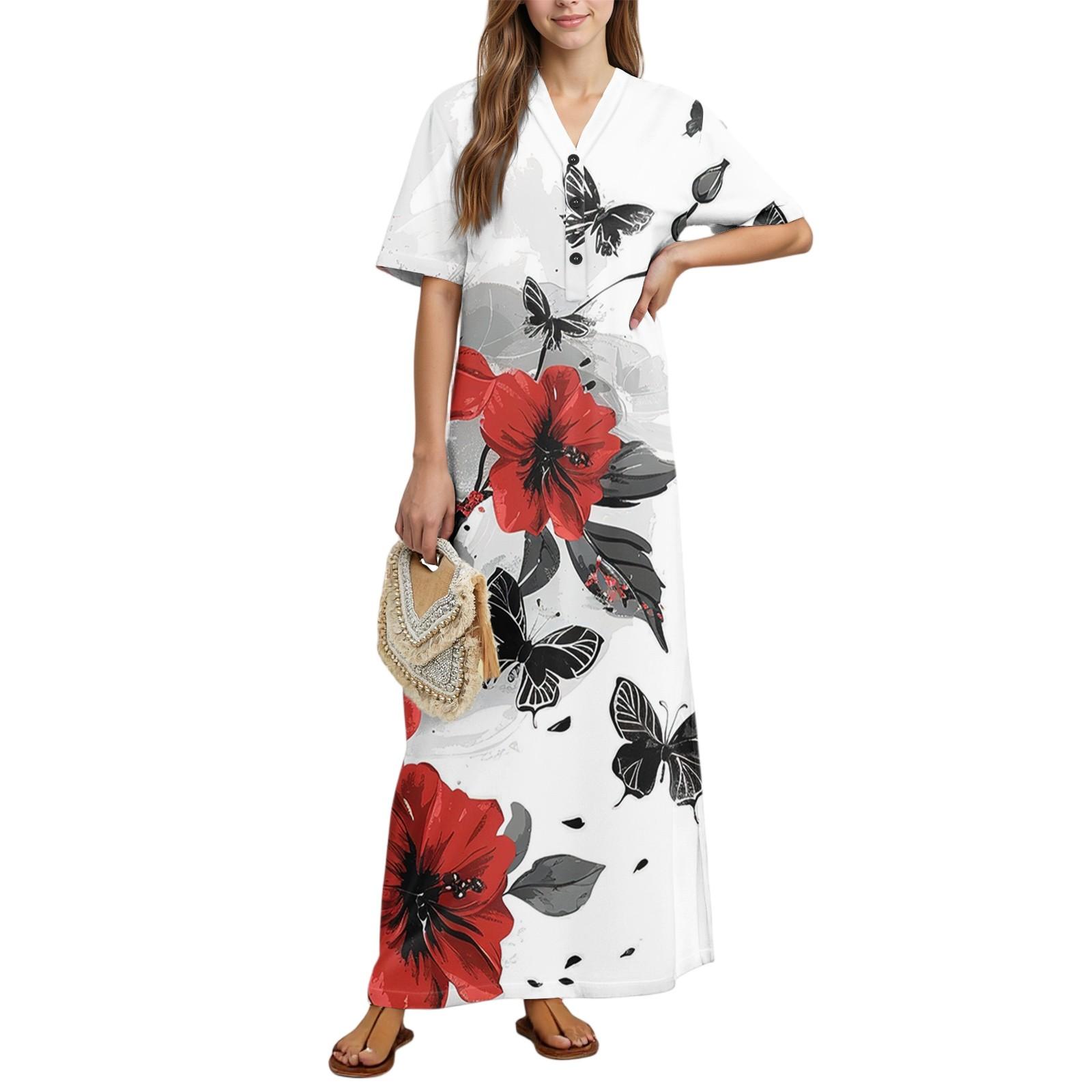 

Women s Fashion Printed Nightgown Home Clothes Short Sleeve Nightgown With Pockets Long Dress XL червоний