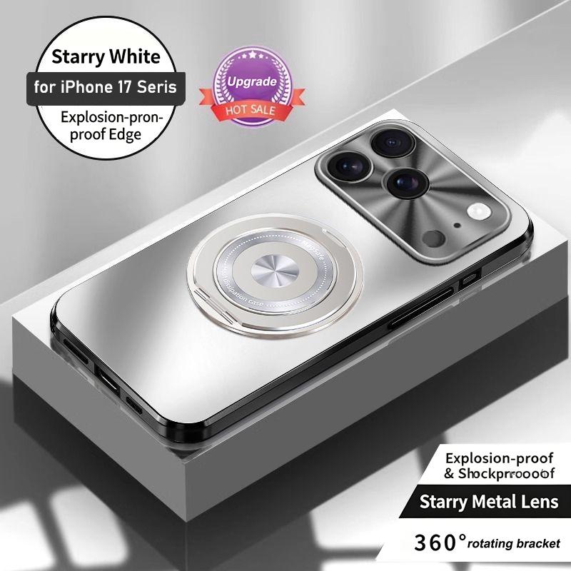 Matte PC Phone Case For iPhone 17 17 Pro 17 Pro Max Metal Lens Frame 360° Rotatable Magnetic Kickstand Shockproof Protective Cover