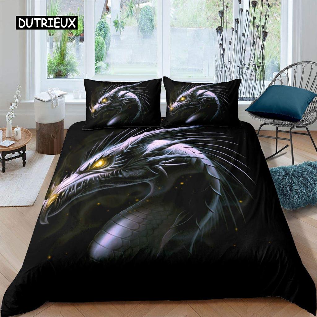 Fire Dragon Duvet Cover Set Magical Dinosaur Bedding Set Jungle Animals Pattern Wildlife Style King Size Polyester Quilt Cover