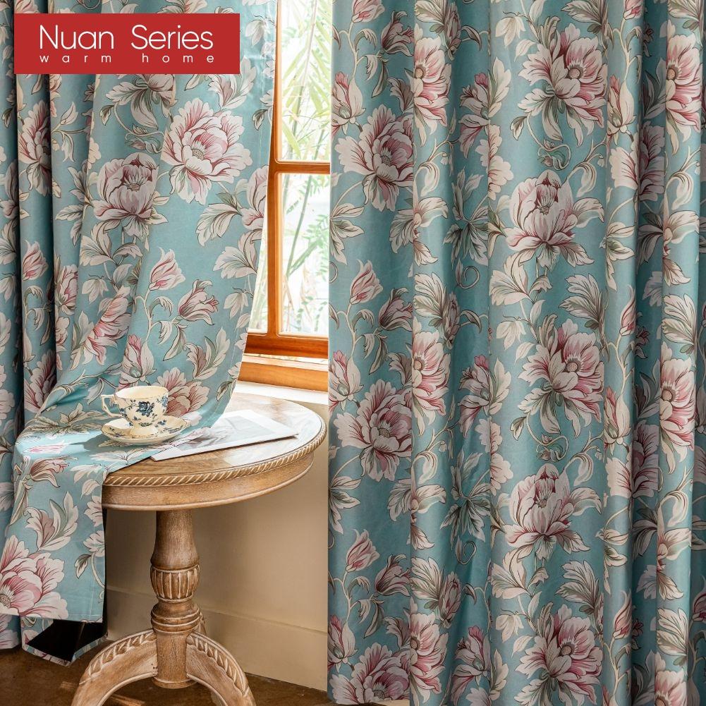1PC Nuan Series American Countryside Style Peony Printed Blue Curtain Full Blackout Curtains for Bedroom Living Room Balcony Window for Home Decor