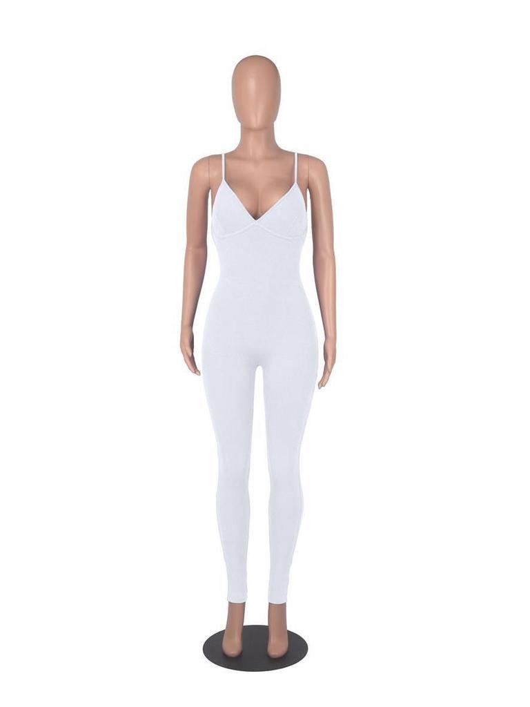Women's Solid Color Ribbed Backless Camisole Jumpsuit with Chest Pad - Casual Yoga Wear