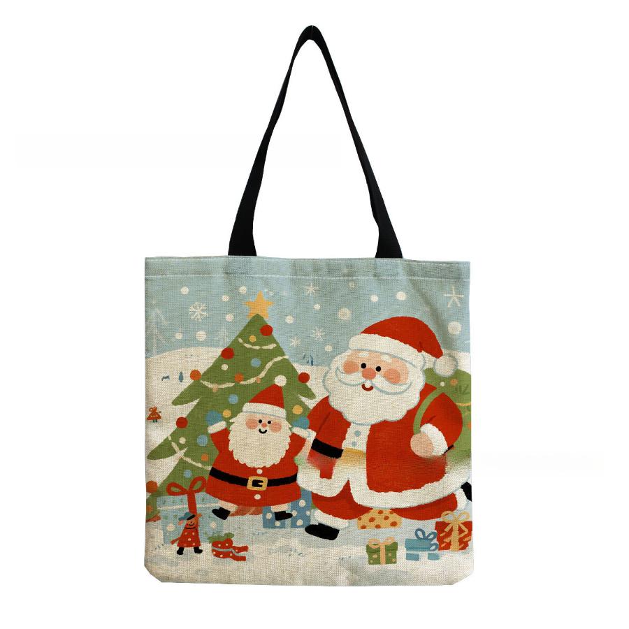Women Vintage Linen Tote Bag - Large Capacity Christmas Print Shoulder Handbag for Casual & Grocery Shopping KTB