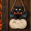 Retro Farmhouse Home Accents Halloween Wooden Door Hanging Sign, Black Cat Bat Pumpkin Wall Plaque with Wings Party Decoration Jute Rope, Front Porch