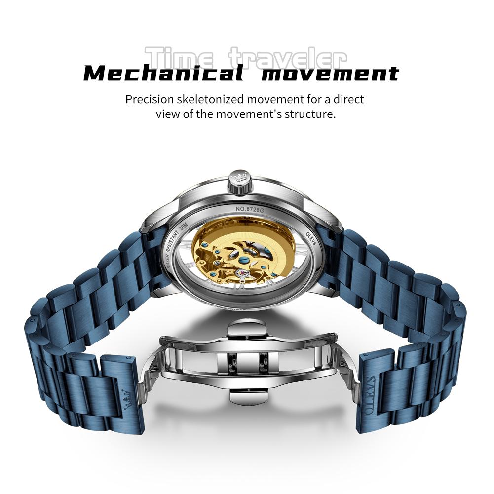 OLEVS 6728 Skeleton Mechanical Wristwatches For Men Original Stainless Steel Luminous Automatic Men's Watch