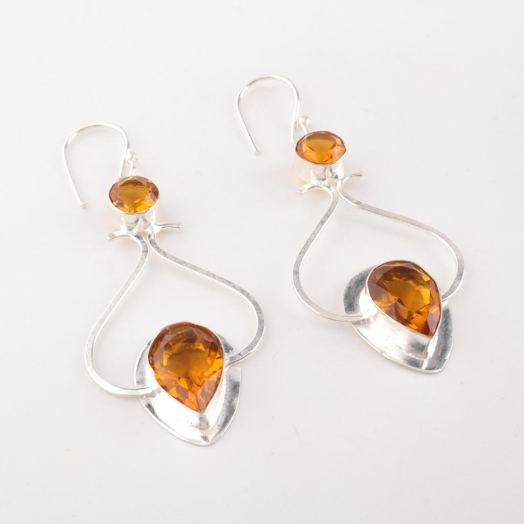 Natural Citrine Gemstone 925 Sterling Silver Handmade Pear Shape Earrings 2.07" EE-170-12