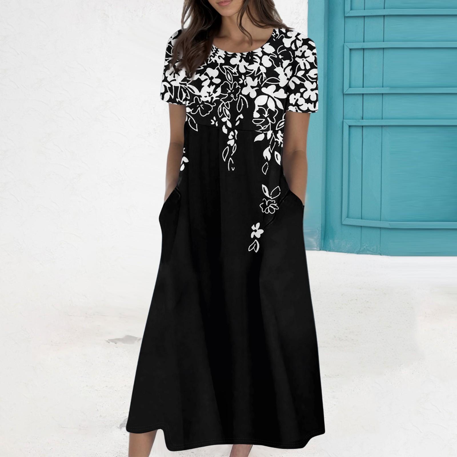 

Женское летнее повседневное модное платье с коротким рукавом и карманом с круглым вырезом XXL чёрный