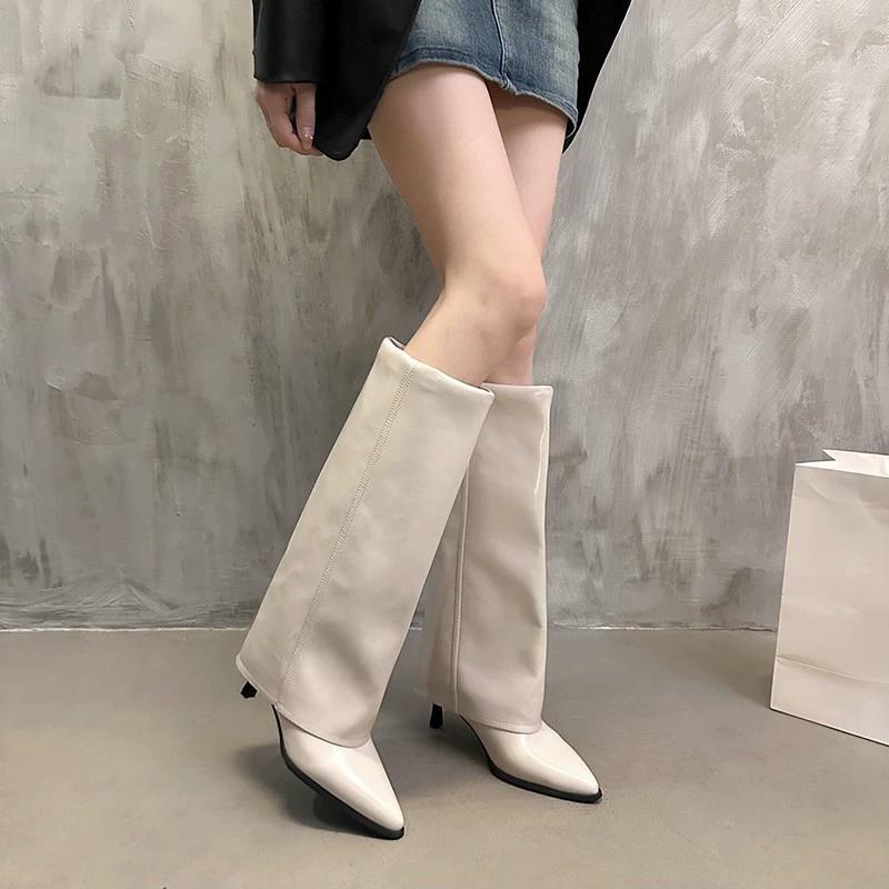 Fashion Women Chunky High Boots Pointed Toe Boots Fashion Leather Punk Chelsea Boots New Designer Pumps Knee High Woman Boot Botas Mujer