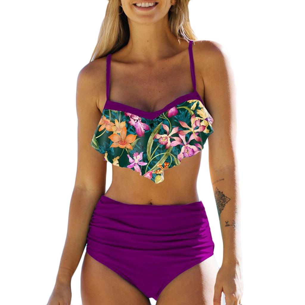 Women's Ruffle Hanging Neck  Sexy Split High Waist Bikini Swimsuit