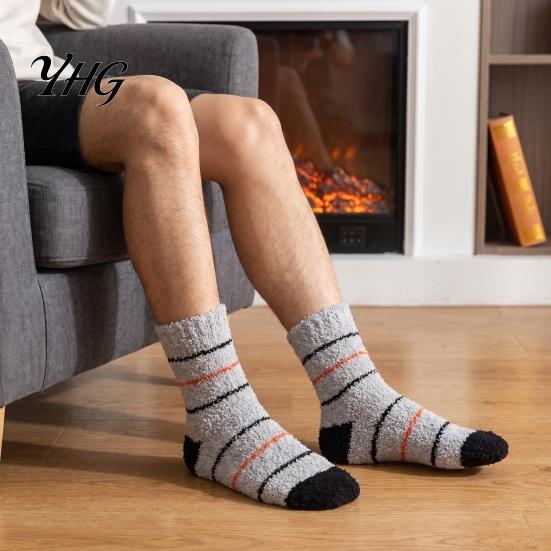 Skiing Thermal Layer Socks Thickened Coral Fleece for Men, Striped Mid-calf Socks, Soft Winter Gift Women Fuzzy Crew Winter, Cold Weather Warm