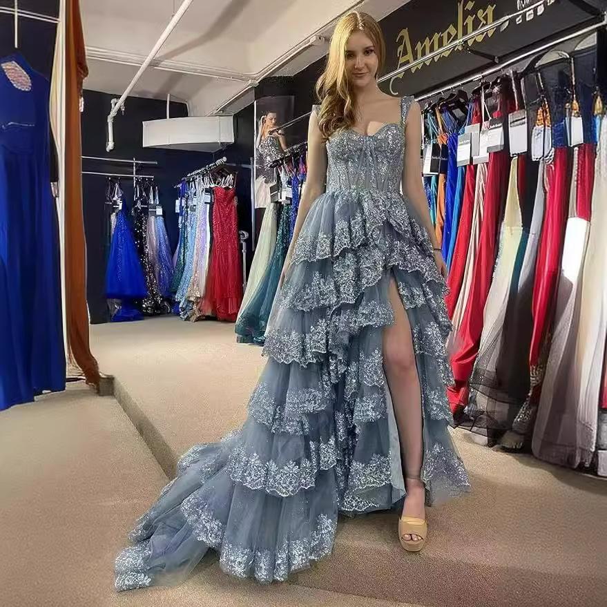 Long Layered Lace Tulle Ball Sexy Celebrity Dress Thin Straps Shiny Formal Gala Dress